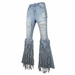 Womens XL Bell Bottom Jeans Thrashed Distressed Fringe Flare‎ Denim Pants XL